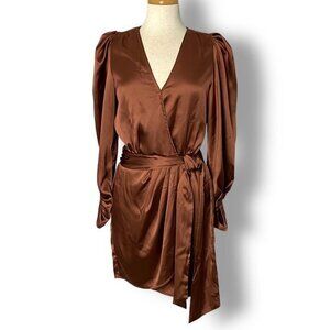 NWT MOR Bronze Satin Wrap Mini Dress, Long Sash, Puff Sleeves Sz S Vneck